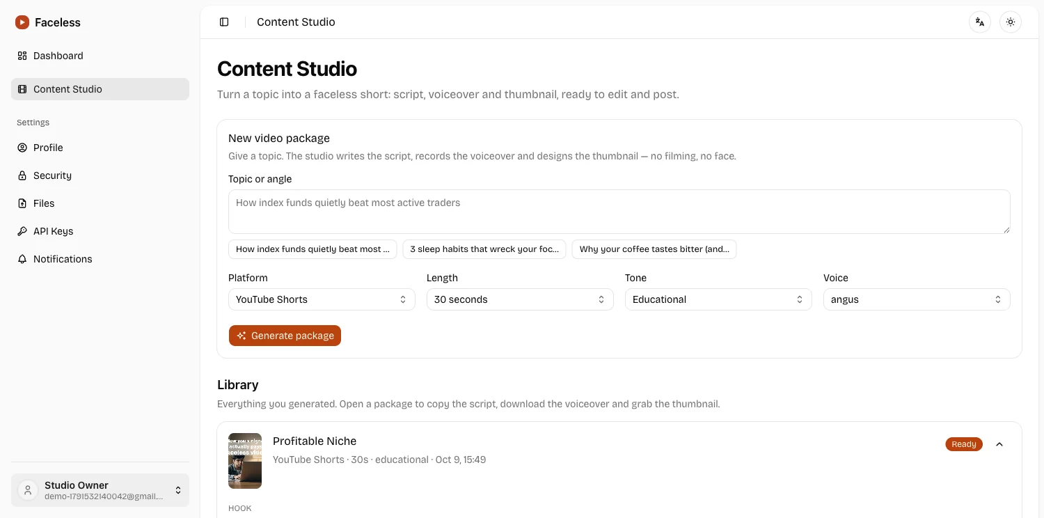 The Content Studio dashboard showing a generated video package